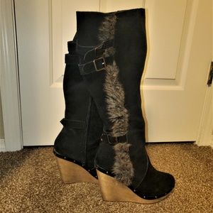 Naughty Monkey Tall Black Suede Wedge Boots sz 8.5